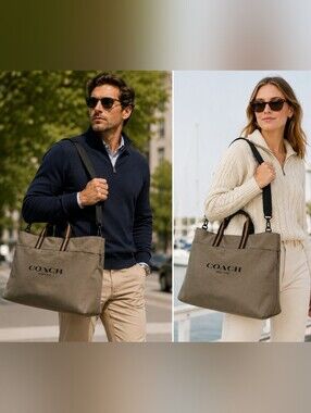 Coach Tote Bag 43 C5406 Canvas Leather Tan Orange Black Full Zip EUC Travel City